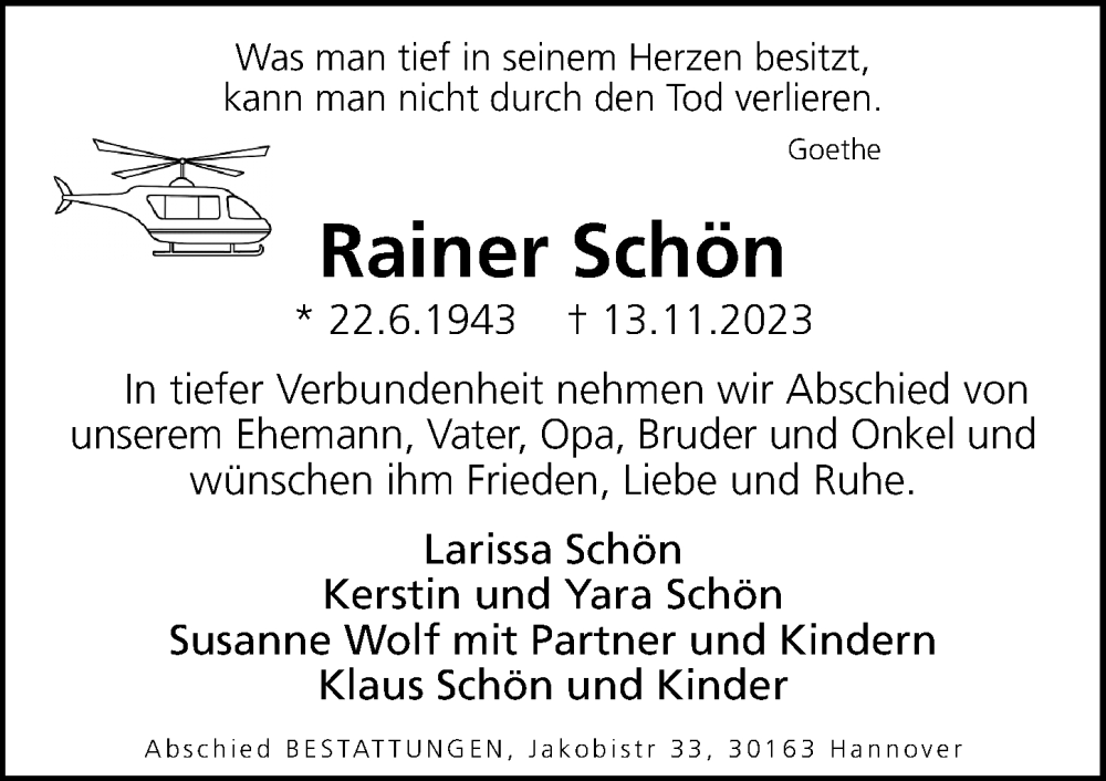  Traueranzeige für Rainer Schön vom 18.11.2023 aus Hannoversche Allgemeine Zeitung/Neue Presse