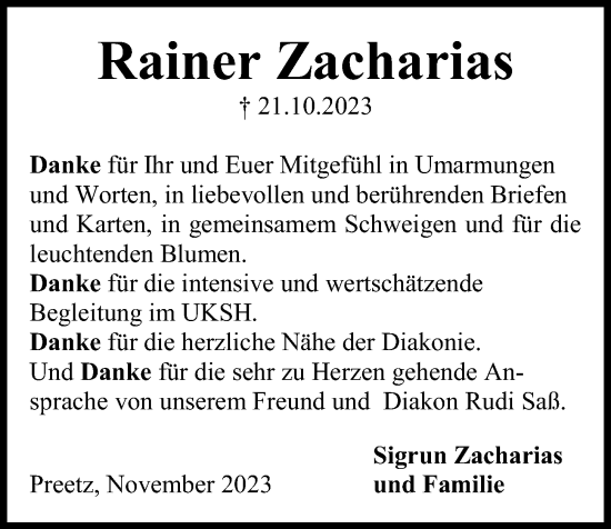 Traueranzeige von Rainer Zacharias von Kieler Nachrichten