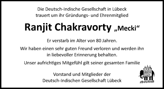 Traueranzeige von Ranjit Chakravorty von Lübecker Nachrichten