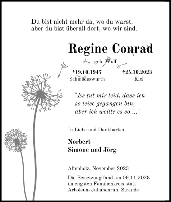 Traueranzeige von Regine Conrad von Kieler Nachrichten