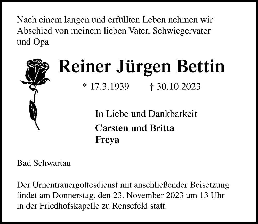  Traueranzeige für Reiner Jürgen Bettin vom 19.11.2023 aus Lübecker Nachrichten