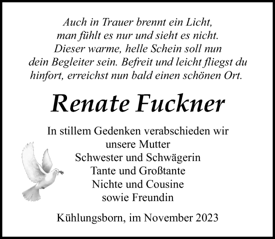 Traueranzeige von Renate Fuckner von Ostsee-Zeitung GmbH