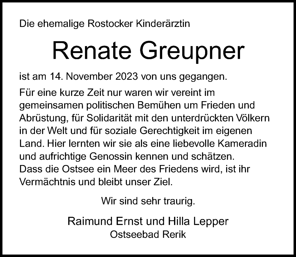  Traueranzeige für Renate Greupner vom 18.11.2023 aus Ostsee-Zeitung GmbH