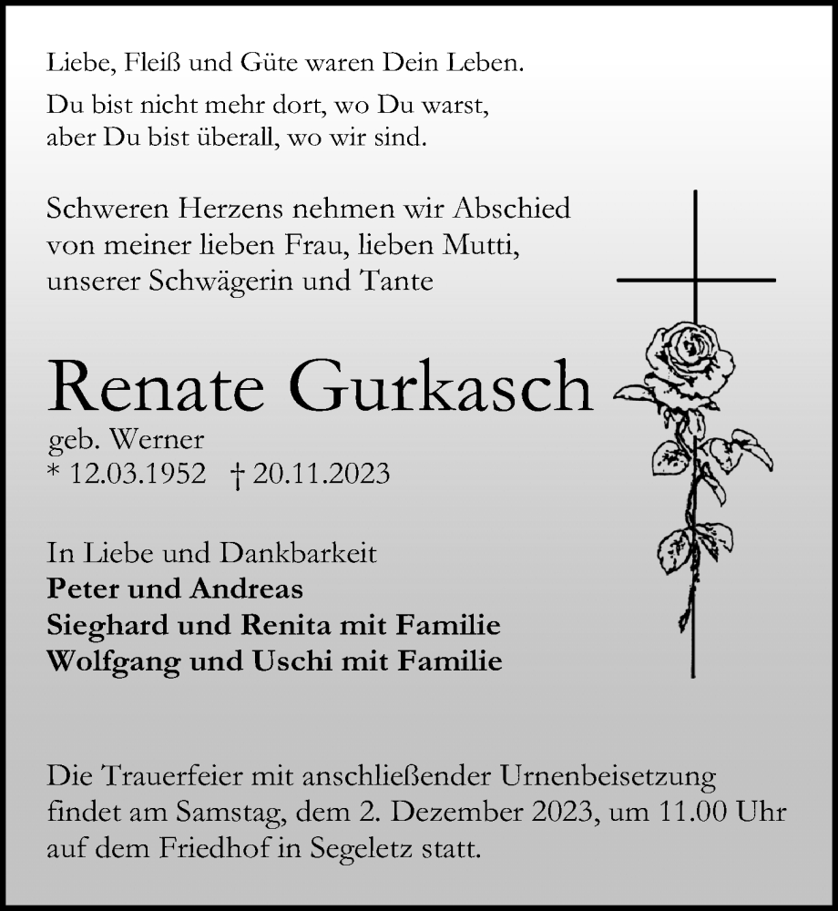  Traueranzeige für Renate Gurkasch vom 25.11.2023 aus Märkischen Allgemeine Zeitung
