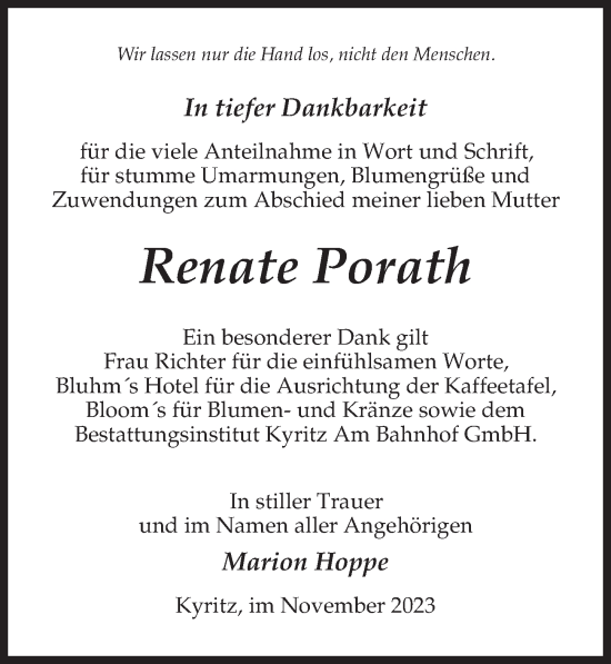 Traueranzeige von Renate Porath von Märkischen Allgemeine Zeitung
