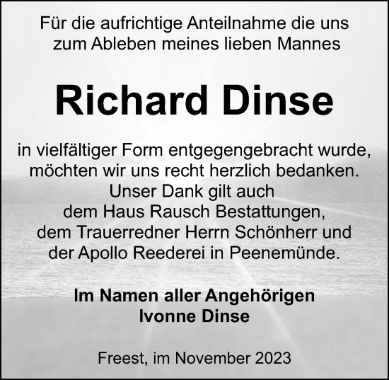 Traueranzeige von Richard Dinse von Ostsee-Zeitung GmbH