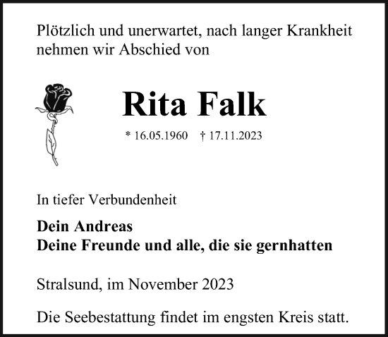 Traueranzeige von Rita Falk von Ostsee-Zeitung GmbH
