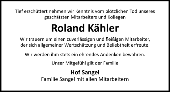 Traueranzeige von Roland Kähler von Ostsee-Zeitung GmbH