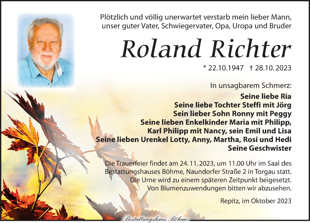  Traueranzeige für Roland Richter vom 04.11.2023 aus Torgauer Zeitung