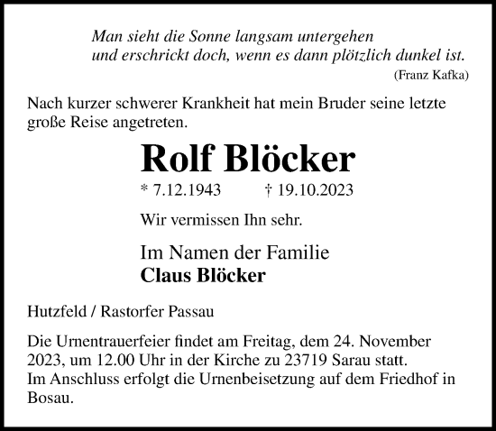 Traueranzeige von Rolf Blöcker von Lübecker Nachrichten