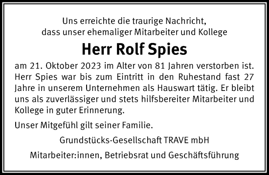 Traueranzeige von Rolf Spies von Lübecker Nachrichten