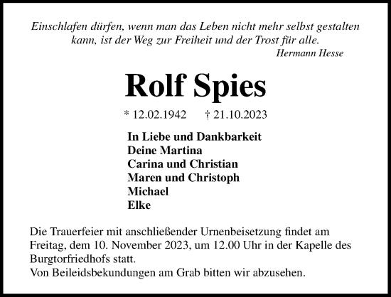 Traueranzeige von Rolf Spies von Lübecker Nachrichten