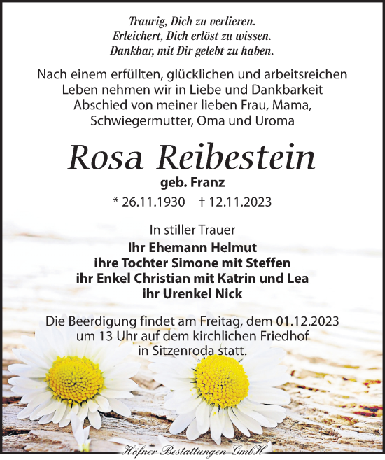 Traueranzeige von Rosa Reibestein von Torgauer Zeitung