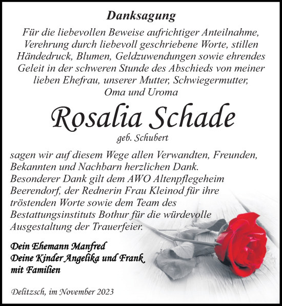 Traueranzeige von Rosalia Schade von Leipziger Volkszeitung