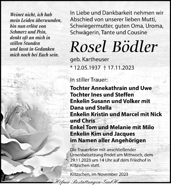 Traueranzeige von Rosel Bödler von Torgauer Zeitung