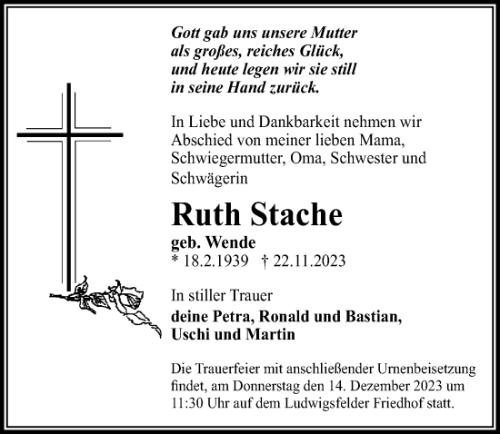 Traueranzeige von Ruth Stache von Märkischen Allgemeine Zeitung