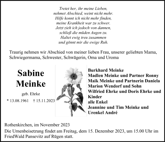 Traueranzeige von Sabine Meinke von Ostsee-Zeitung GmbH