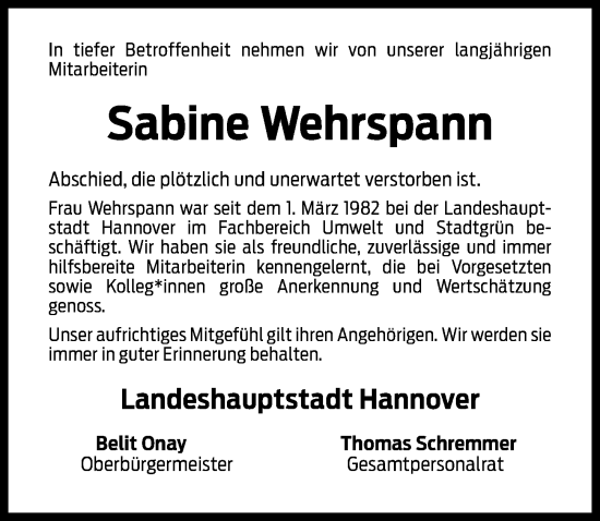 Traueranzeige von Sabine Wehrspann von Hannoversche Allgemeine Zeitung/Neue Presse