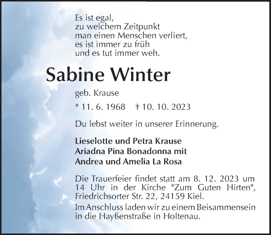 Traueranzeige von Sabine Winter von Kieler Nachrichten