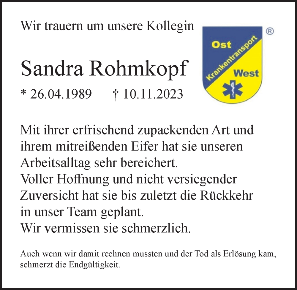  Traueranzeige für Sandra Rohmkopf vom 18.11.2023 aus Leipziger Volkszeitung