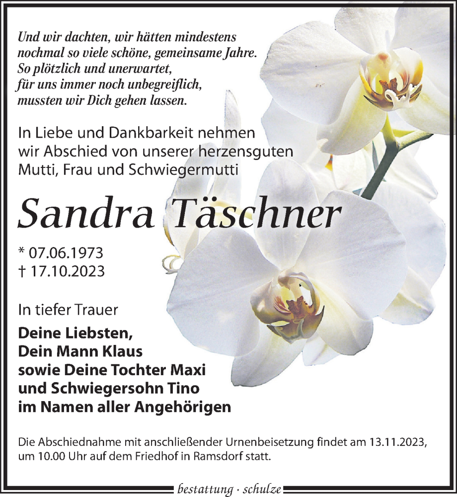  Traueranzeige für Sandra Täschner vom 04.11.2023 aus Leipziger Volkszeitung