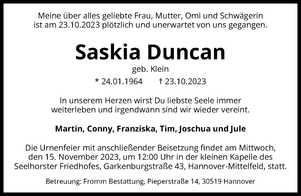  Traueranzeige für Saskia Duncan vom 11.11.2023 aus Hannoversche Allgemeine Zeitung/Neue Presse