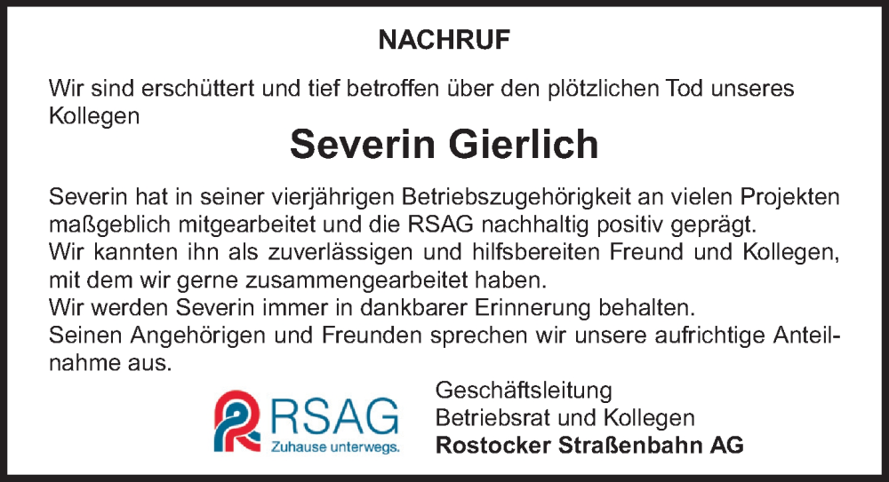  Traueranzeige für Severin Gierlich vom 18.11.2023 aus Ostsee-Zeitung GmbH