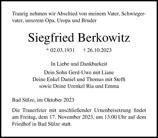 Traueranzeige von Siegfried Berkowitz von Ostsee-Zeitung GmbH