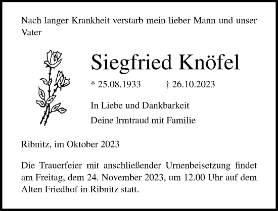 Traueranzeige von Siegfried Knöfel von Ostsee-Zeitung GmbH