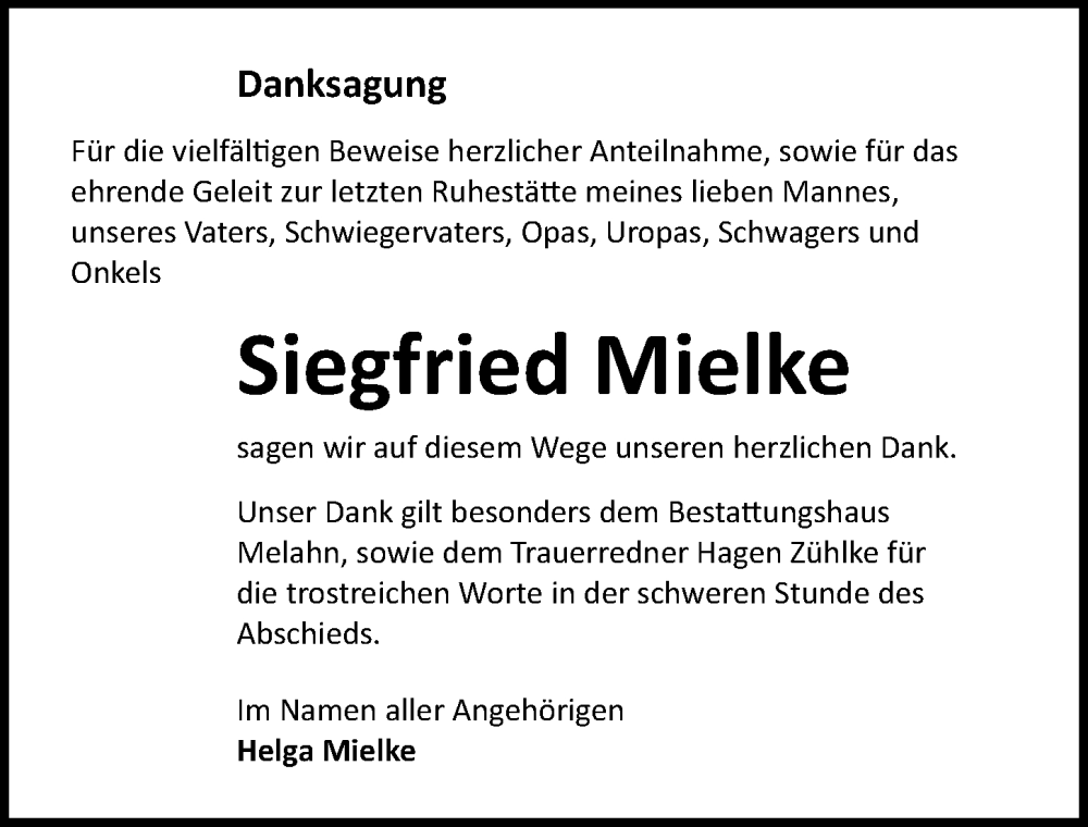  Traueranzeige für Siegfried Mielke vom 25.11.2023 aus Ostsee-Zeitung GmbH