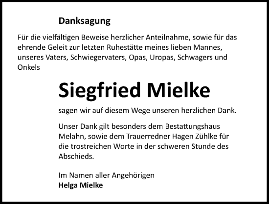 Traueranzeige von Siegfried Mielke von Ostsee-Zeitung GmbH