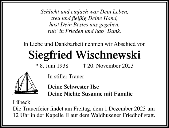 Traueranzeige von Siegfried Wischnewski von Lübecker Nachrichten