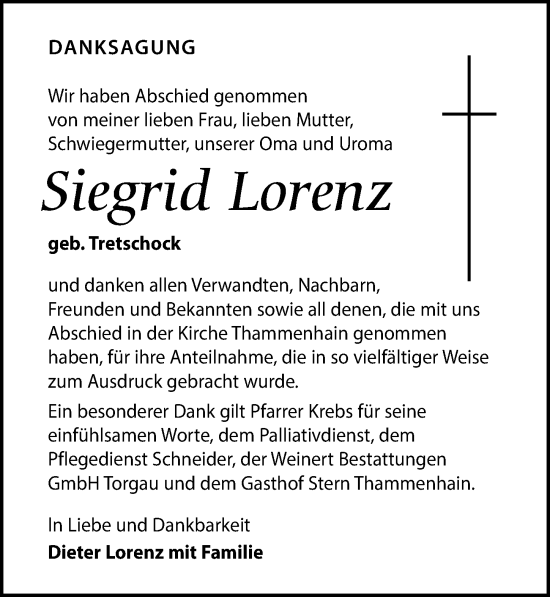 Traueranzeige von Siegrid Lorenz von Leipziger Volkszeitung