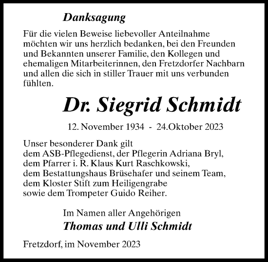 Traueranzeige von Siegrid Schmidt von Märkischen Allgemeine Zeitung