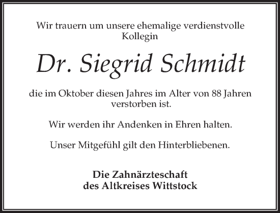 Traueranzeige von Siegrid Schmidt von Märkischen Allgemeine Zeitung