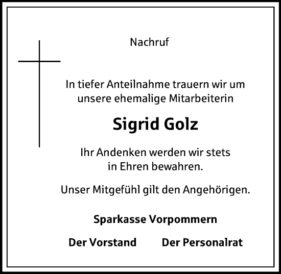 Traueranzeige von Sigrid Golz von Ostsee-Zeitung GmbH