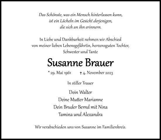 Traueranzeige von Susanne Brauer von Lübecker Nachrichten