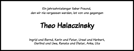 Traueranzeige von Theo Halaczinsky von Lübecker Nachrichten