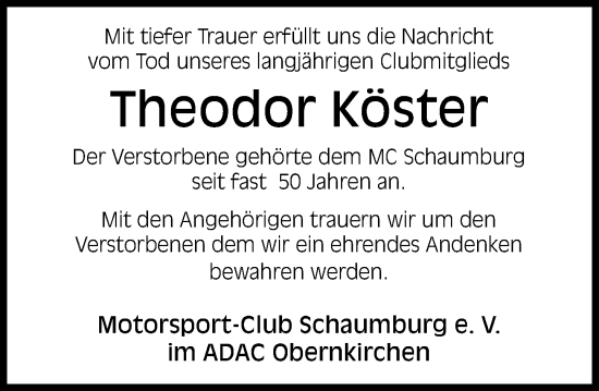 Traueranzeige von Theodor Köster von Schaumburger Nachrichten und Schaumburger Zeitung/ Landes-Zeitung