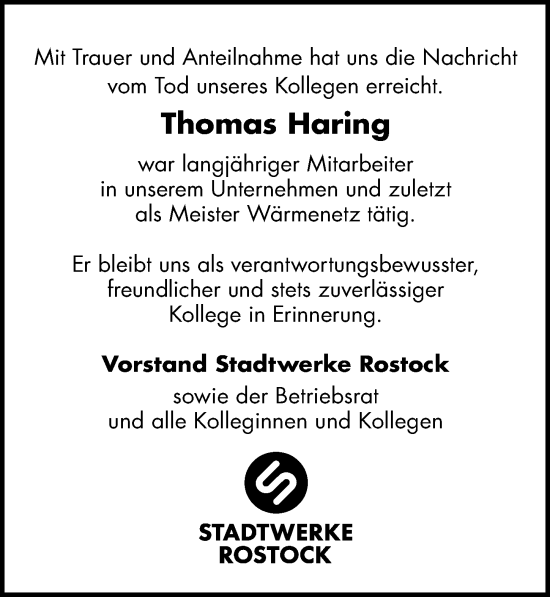 Traueranzeige von Thomas Haring von Ostsee-Zeitung GmbH