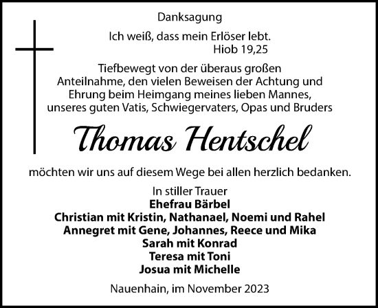 Traueranzeige von Thomas Hentschel von Leipziger Volkszeitung