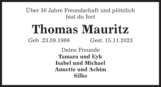 Traueranzeige von Thomas Mauritz von Kieler Nachrichten