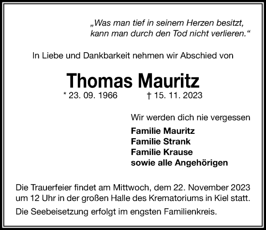 Traueranzeige von Thomas Mauritz von Kieler Nachrichten