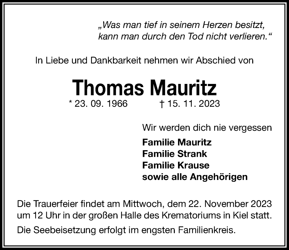  Traueranzeige für Thomas Mauritz vom 18.11.2023 aus Kieler Nachrichten