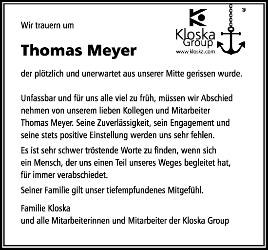 Traueranzeige von Thomas Meyer von Ostsee-Zeitung GmbH
