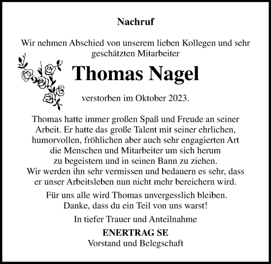 Traueranzeige von Thomas Nagel von Lübecker Nachrichten