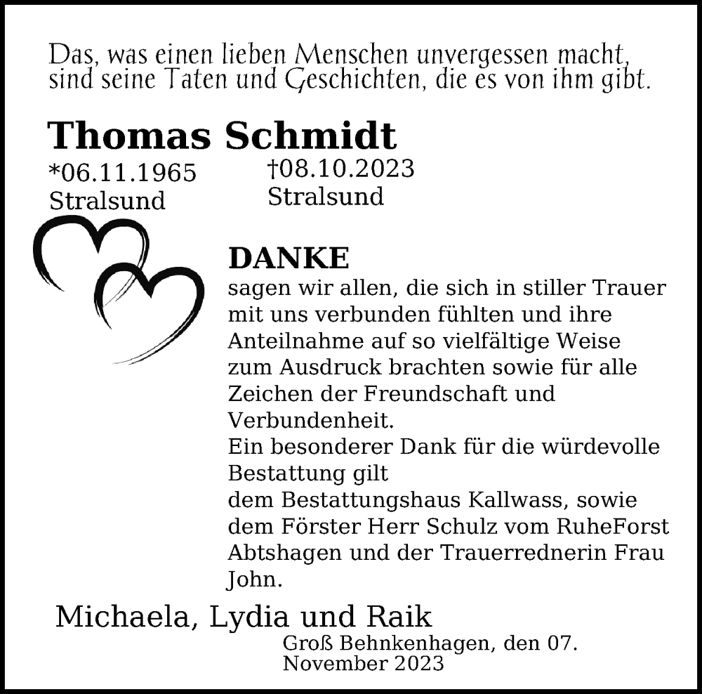  Traueranzeige für Thomas Schmidt vom 07.11.2023 aus Ostsee-Zeitung GmbH