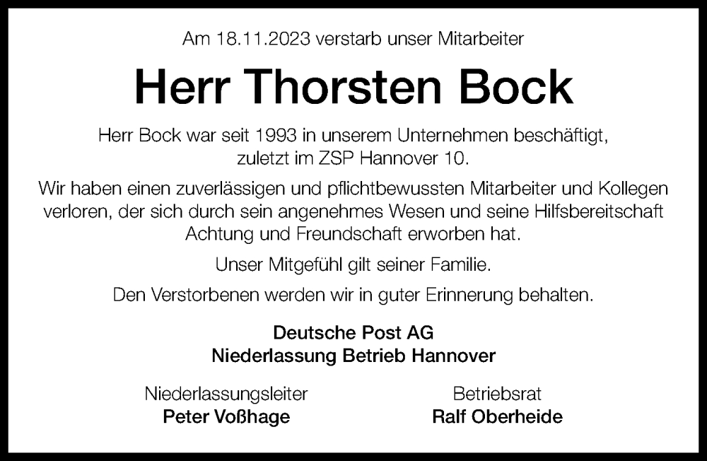  Traueranzeige für Thorsten Bock vom 25.11.2023 aus Hannoversche Allgemeine Zeitung/Neue Presse