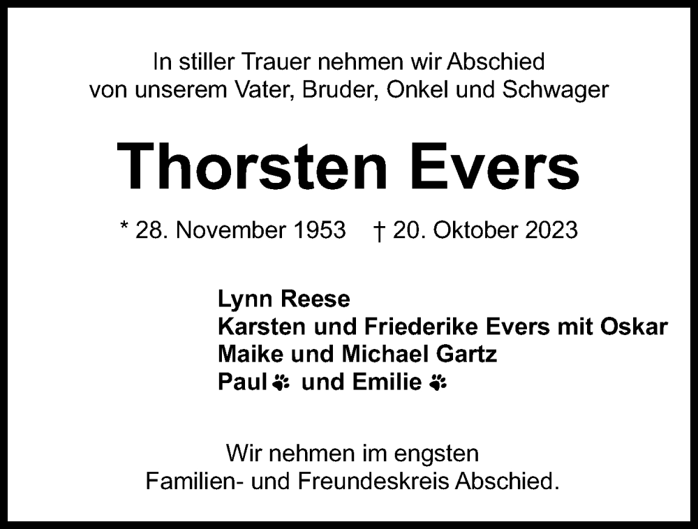  Traueranzeige für Thorsten Evers vom 04.11.2023 aus Kieler Nachrichten