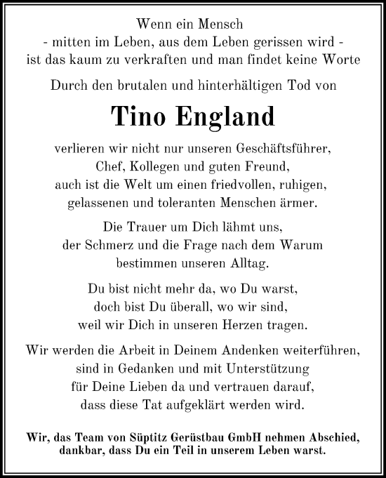 Traueranzeige von Tino England von Leipziger Volkszeitung